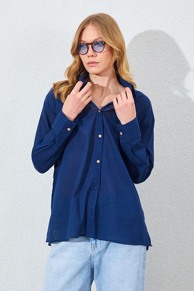 Manche Crinkle Women's Shirt - Navy Blue |   Mkes161201--1
