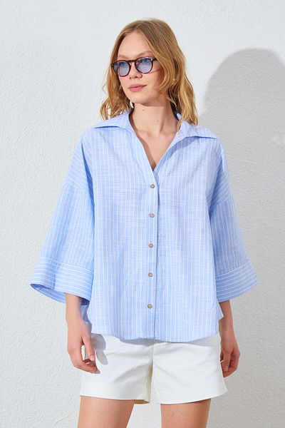 Manche Double Sleeve Deep V Neck Oversize Shirt - Light Blue |   Mkes161358--1