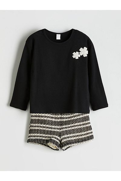 LC Waikiki LCW Kids Black Floral Girl's Krinkle Blouse and Shorts 2 Pcs