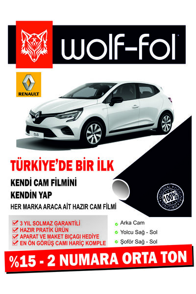 wolf-fol OOto Cam Filmi Amerikan Çizilmez Hazır Ürün Renault Clio HB Orta Ton 2 Numara