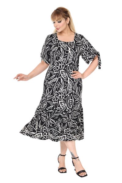 MELSAY Women's Square Neck Short Sleeve Black-White Leaf Pattern Sleeves Rope Binding Dress