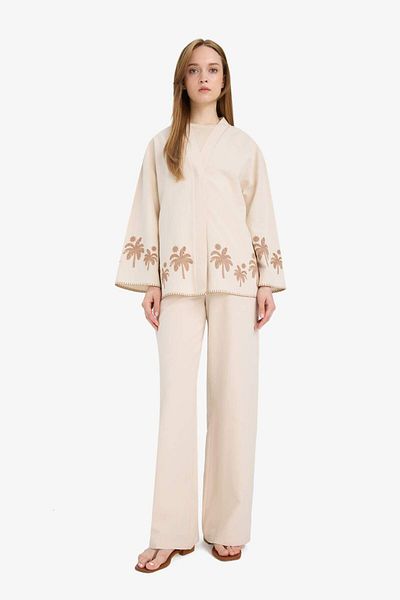 DeFacto Relax Fit Printed Linen Blend Long Sleeve Kimono F1406Ax25Sm