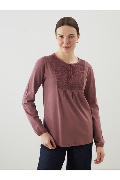 LC Waikiki Grace Purple Tie Collar Embroidered Women's Blouse