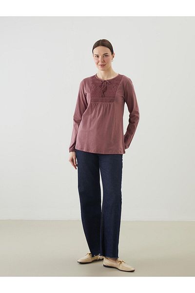 LC Waikiki Grace Purple Tie Collar Embroidered Women's Blouse