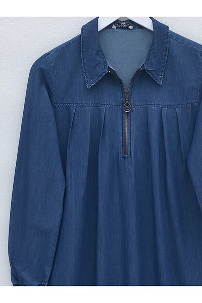 Modamorfo Half Zipper Sleeve Elasticated Denim Tunic -Indigo