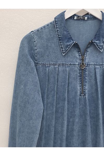 Modamorfo Half Zipper Sleeve Elasticated Denim Tunic - Ice Blue