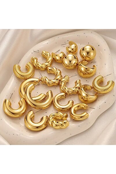 Perry Accesories 9 çift küpe seti bombe küpe bottega küpe halka küpe tırtıklı küpe kadın gold küpe seti 9 çift