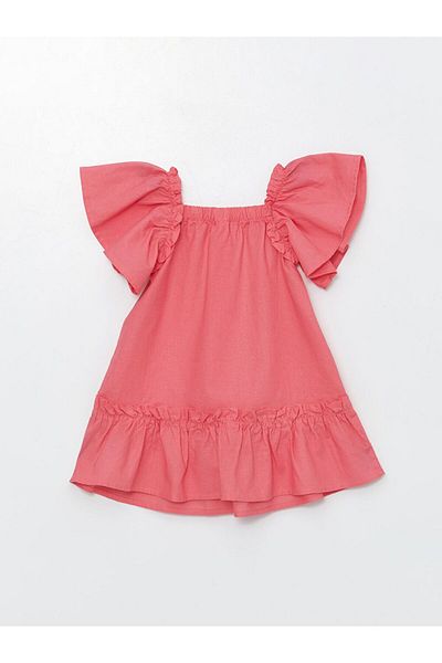 LC Waikiki Lcw Kids Square Neck Short Sleeve Linen Blend Baby Girl Dress