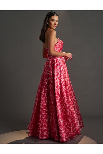Kayra Strapless Abstract Pattern Evening Dress Fuchsia
