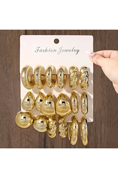 Perry Accesories 9 çift küpe seti bombe küpe bottega küpe halka küpe tırtıklı küpe kadın gold küpe seti 9 çift