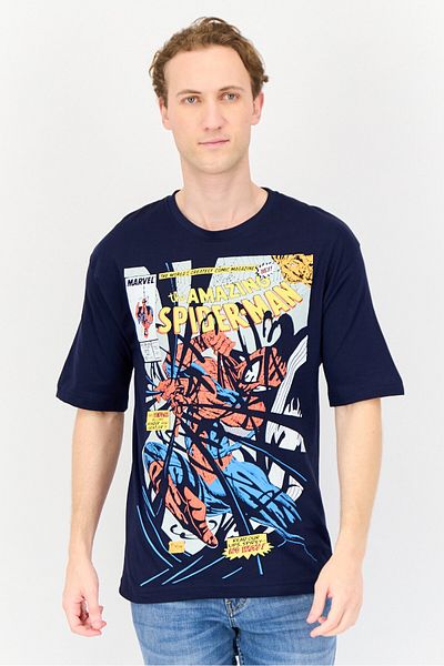 Marvel Men Crew Neck Short Sleeve Graphic Print T-shirt, Navy Blue