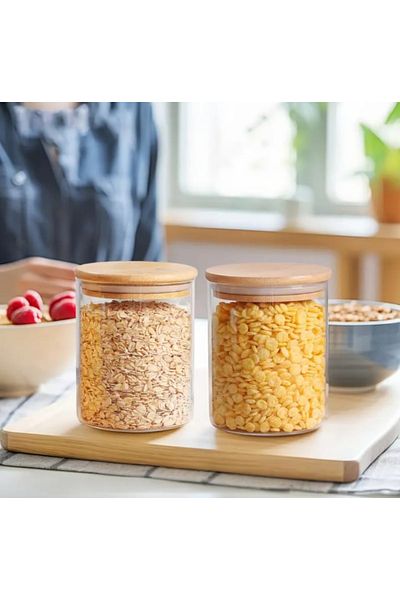Noah Exclusive 1000 Cc (Set of 2) Borosilicate Glass Spice Jar - with Bamboo Lid - Storage Container - (9 cm X 14 cm)