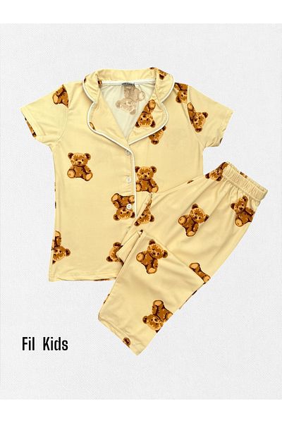 Fil Kids Girls' Milan Fabric Stretchy Beige Teddy Bear Patterned Shirt Collar Buttoned Short Sleeve Pajama Set