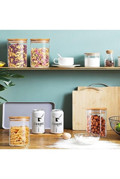 Noah Exclusive 1000 Cc (Set of 2) Borosilicate Glass Spice Jar - with Bamboo Lid - Storage Container - (9 cm X 14 cm)