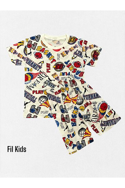 Fil Kids Boys' Cotton White Basketball Patterned Short Sleeve Shorts Summer Pajamas Set