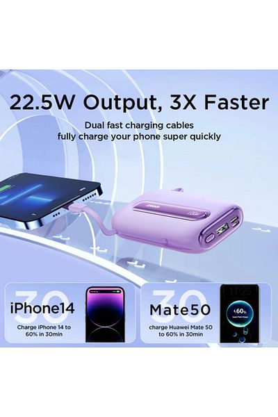 Joyroom Mini Power Bank JR-L 012 Plus 22.5W with Dual Cables 20000mAh - Pink Color