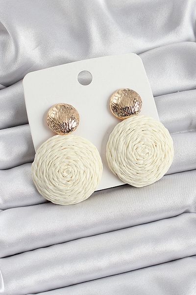 Clariss Cream Circle Figured Straw Knitted Model Gold Color Women's Earrings