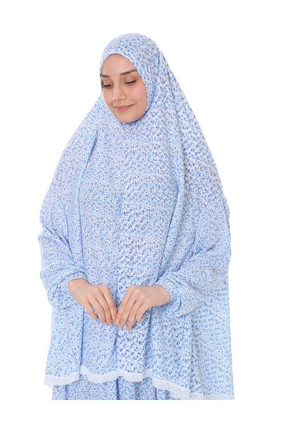 elanesa Rochie practică de rugăciune pentru femei cu mâneci duble și detaliu din dantelă - Albastru - Oulabı Mir