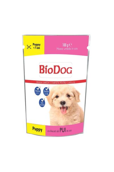 Biocat Hrana umeda pentru caini junior BioDog, pui in sos 24*100g, ideala pentru rase medii