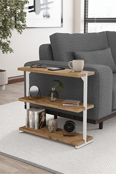 Euromob 3 Raflı Modern Yan Sehpa, Koltuk yanı, Orta Sehpa, Kitaplık (Beyaz Me...