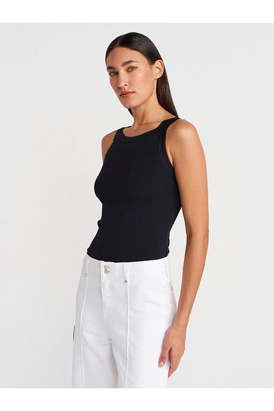 Dilvin 10770 Square Neck Strap Knitwear Blouse-Black
