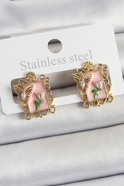 norsary Brass Pink Enamel Artistic Portrait Model Gold Color Women's Earrings