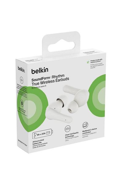 Belkin سماعات أذن ساوند فورم ريذم مزودة ببلوتوث وUSB (شحن) وميكروفون مدمج، لون أبيض
