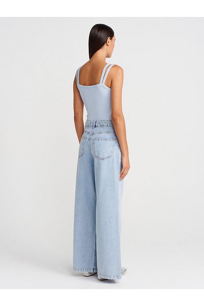 Dilvin 71995 Wide Denim Trousers with Front Flats-Blue