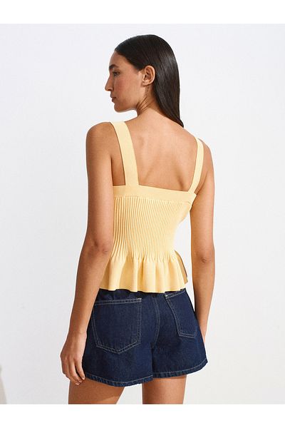 Dilvin 10775 Square Neck Strap Ruffle Knitwear Blouse-Yellow