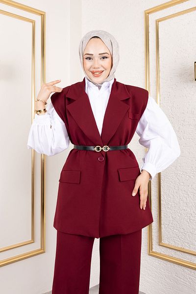 Tesettür Dünyası Belted Vest Suit Tsd250189 Claret Red