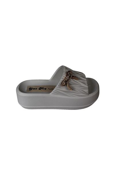 Yaz Kış Ayakkabı Yazkiş Women's Black Skin White Buckle Top 6cm Thick Sole Eva Slippers