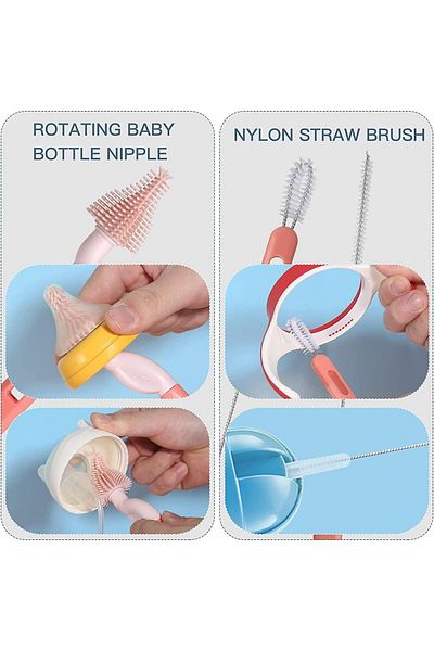 COOYA Baby Bottle Brush Set, Silicone, Swivel Handle, Removable Drain Tray, 3 Replaceable Brush Heads,pink