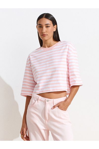 Dilvin 30282 Crop Crew Neck T-Shirt-Pink
