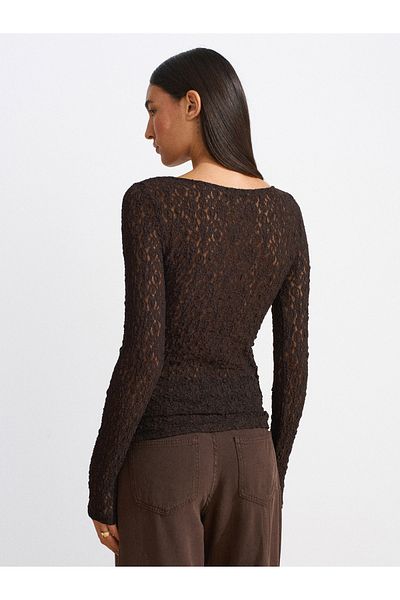 Dilvin 31312 Boat Neck Lace Top-Dark Brown