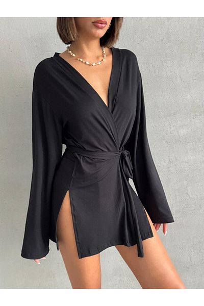 The Base Women's Black Miyabi Double Breasted Kimono with Belt Detail