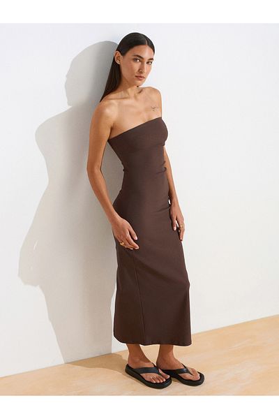 Dilvin 91368 Strapless Midi Dress-Brown
