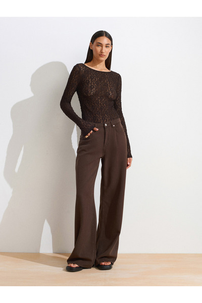 Dilvin 31312 Kayık Yaka Dantel Top-Koyu Kahve