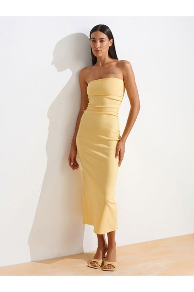 Dilvin 91368 Strapless Midi Dress-Yellow