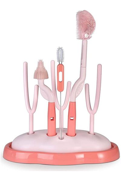 COOYA Baby Bottle Brush Set, Silicone, Swivel Handle, Removable Drain Tray, 3 Replaceable Brush Heads,pink