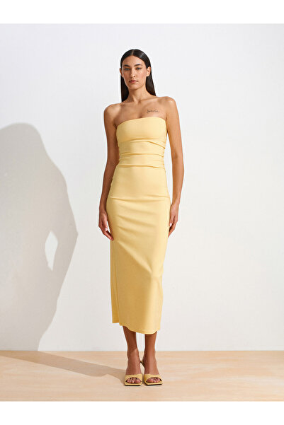 Dilvin 91368 Straplez Midi Elbise-Sarı