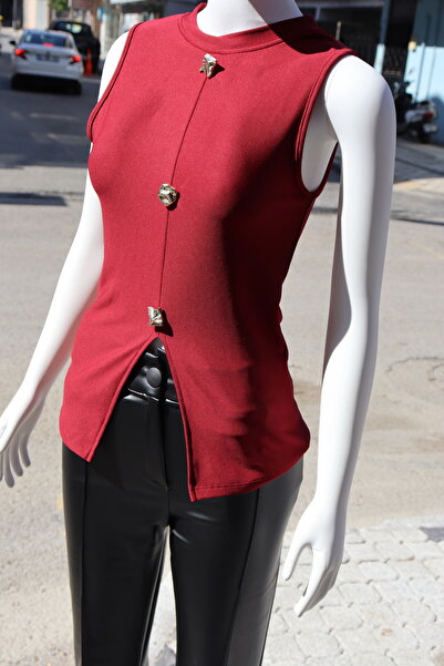 trendhazan A Quality Button and Front Slit Detail Ottoman Fabric Zero Sleeve Bluz