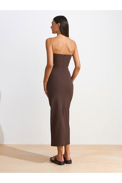 Dilvin 91368 Strapless Midi Dress-Brown