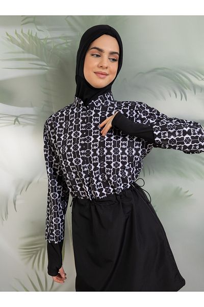 Mayo Bella Honeycomb Pattern Full Covered Swimsuit - Black and White - Swimsuit Bella