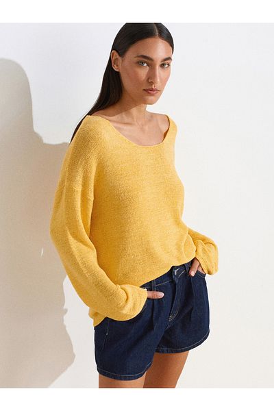 Dilvin 10706 Oval Neck Soft Textured Knitwear Sweater-Yellow