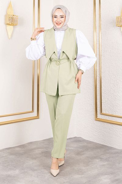 Tesettür Dünyası Button Detailed Elastic Waist Vest Suit Tsd250190 Green