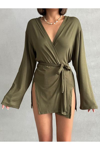The Base Women's Khaki Miyabi Double Breasted Kimono with Belt Detail
