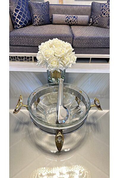 Vakıf home Metal Ayaklı Borcamlı Kulplu Sunum Servis Salata Kasesi Gümüş Gold