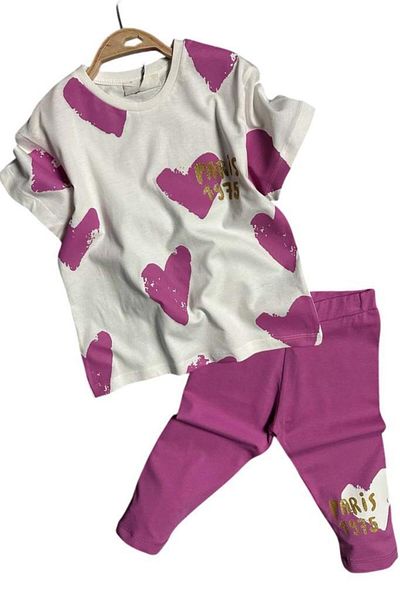 Riccotarz Girl's Capri Purple Leggings Set with Heart Pattern and Paris Text Printed on Top