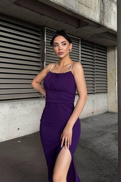 Mossta Draped Slit Detailed Evening Dress - Purple
