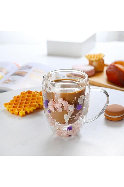 Generic Bien Servi Decorated Flower Filling Elegant Design Double Wall Glass Coffee Mug Clear 350ml 20231